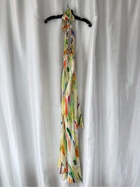 Chelsea Flower 100% Silk Multi-Color Watercolor Halter Maxi Dress Size S